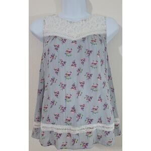 Hummingbird Blue White Stripe Floral Print Tank Shirt Small Lace Bodice Soft